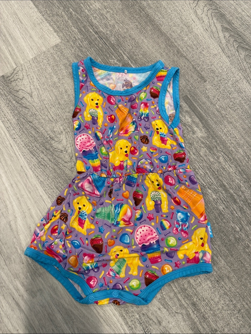 Posh Peanut Lisa Frank Purple Candy & Puppy Tank Romper with Blue Trim